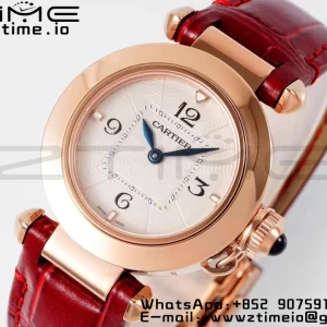 Cartier  Pasha 30mm RG AF 1:1 Best Edition White Textured Dial on Red Leather Strap Jaq Quartz - Super Clone Watch | 1:1 Best Version