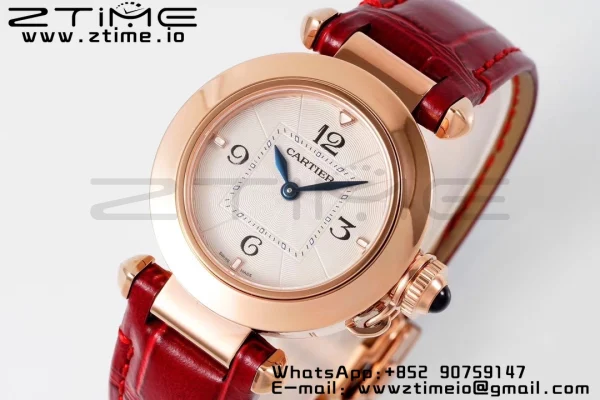 Cartier  Pasha 30mm RG AF 1:1 Best Edition White Textured Dial on Red Leather Strap Jaq Quartz - Super Clone Watch | 1:1 Best Version