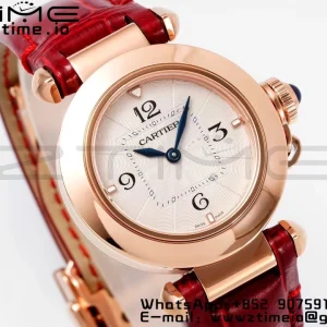 Cartier  Pasha 30mm RG AF 1:1 Best Edition White Textured Dial on Red Leather Strap Jaq Quartz - Super Clone Watch | 1:1 Best Version