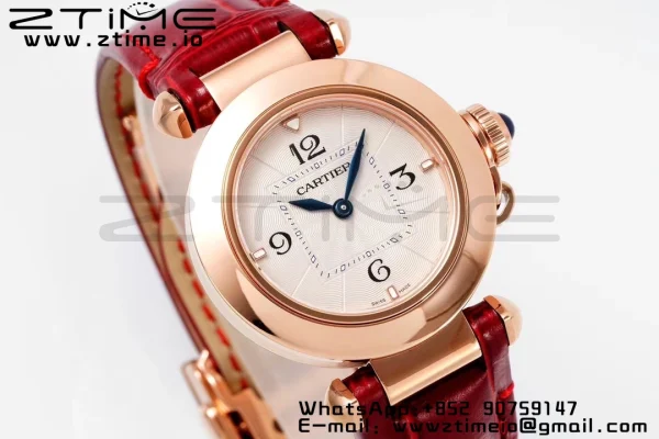 Cartier  Pasha 30mm RG AF 1:1 Best Edition White Textured Dial on Red Leather Strap Jaq Quartz - Super Clone Watch | 1:1 Best Version