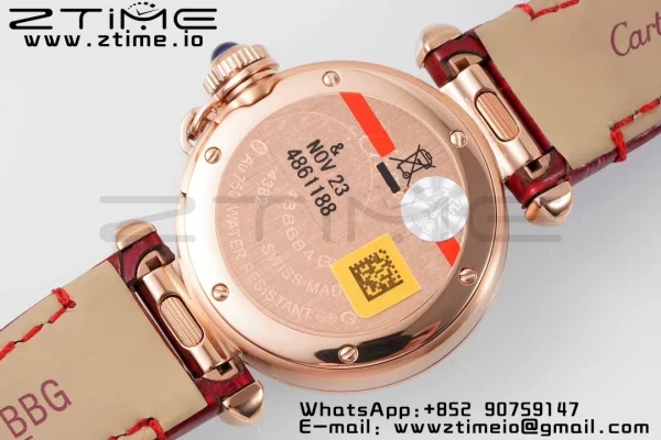 Cartier  Pasha 30mm RG AF 1:1 Best Edition White Textured Dial on Red Leather Strap Jaq Quartz - Super Clone Watch | 1:1 Best Version