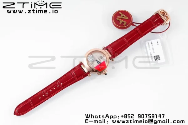 Cartier  Pasha 30mm RG AF 1:1 Best Edition White Textured Dial on Red Leather Strap Jaq Quartz - Super Clone Watch | 1:1 Best Version