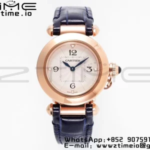 Cartier  Pasha 30mm RG AF 1:1 Best Edition White Textured Dial on Black Leather Strap Jaq Quartz - Super Clone Watch | 1:1 Best Version