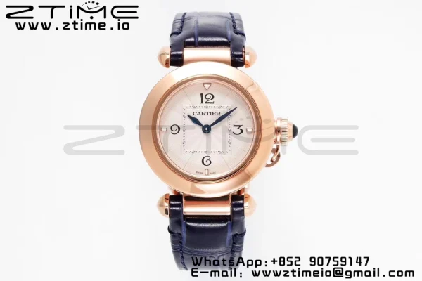 Cartier  Pasha 30mm RG AF 1:1 Best Edition White Textured Dial on Black Leather Strap Jaq Quartz - Super Clone Watch | 1:1 Best Version