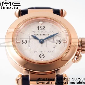 Cartier  Pasha 30mm RG AF 1:1 Best Edition White Textured Dial on Black Leather Strap Jaq Quartz - Super Clone Watch | 1:1 Best Version