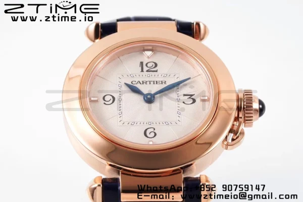 Cartier  Pasha 30mm RG AF 1:1 Best Edition White Textured Dial on Black Leather Strap Jaq Quartz - Super Clone Watch | 1:1 Best Version