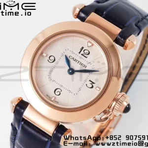 Cartier  Pasha 30mm RG AF 1:1 Best Edition White Textured Dial on Black Leather Strap Jaq Quartz - Super Clone Watch | 1:1 Best Version