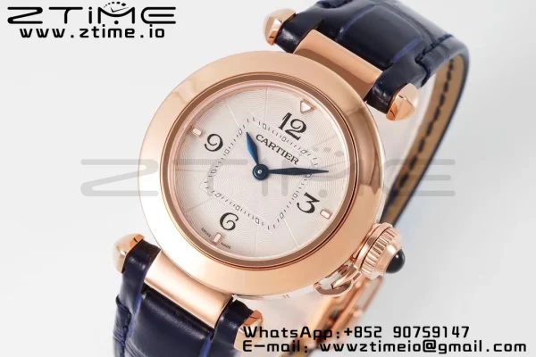 Cartier  Pasha 30mm RG AF 1:1 Best Edition White Textured Dial on Black Leather Strap Jaq Quartz - Super Clone Watch | 1:1 Best Version