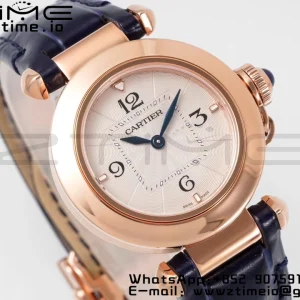 Cartier  Pasha 30mm RG AF 1:1 Best Edition White Textured Dial on Black Leather Strap Jaq Quartz - Super Clone Watch | 1:1 Best Version