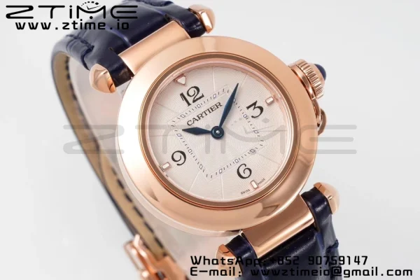 Cartier  Pasha 30mm RG AF 1:1 Best Edition White Textured Dial on Black Leather Strap Jaq Quartz - Super Clone Watch | 1:1 Best Version