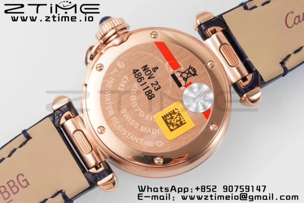 Cartier  Pasha 30mm RG AF 1:1 Best Edition White Textured Dial on Black Leather Strap Jaq Quartz - Super Clone Watch | 1:1 Best Version