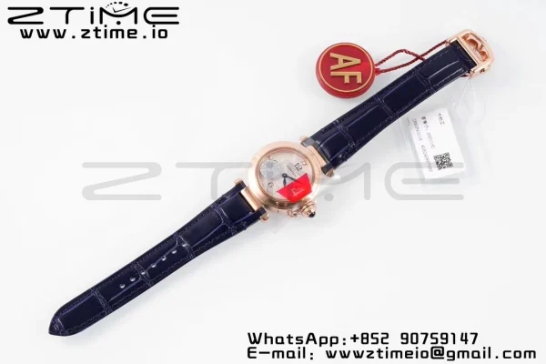Cartier  Pasha 30mm RG AF 1:1 Best Edition White Textured Dial on Black Leather Strap Jaq Quartz - Super Clone Watch | 1:1 Best Version