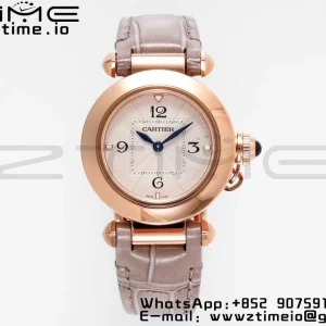 Cartier  Pasha 30mm RG AF 1:1 Best Edition White Textured Dial on Gray Leather Strap Jaq Quartz - Super Clone Watch | 1:1 Best Version