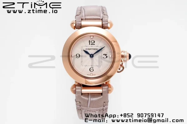 Cartier  Pasha 30mm RG AF 1:1 Best Edition White Textured Dial on Gray Leather Strap Jaq Quartz - Super Clone Watch | 1:1 Best Version