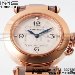 Cartier  Pasha 30mm RG AF 1:1 Best Edition White Textured Dial on Gray Leather Strap Jaq Quartz - Super Clone Watch | 1:1 Best Version