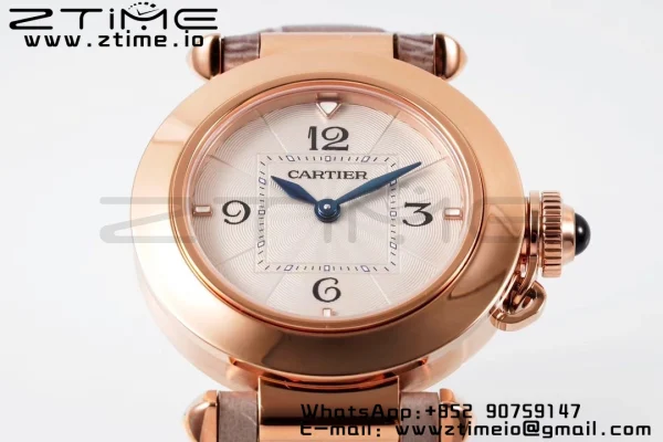 Cartier  Pasha 30mm RG AF 1:1 Best Edition White Textured Dial on Gray Leather Strap Jaq Quartz - Super Clone Watch | 1:1 Best Version