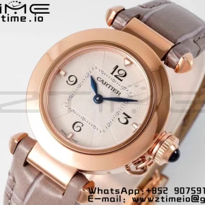 Cartier  Pasha 30mm RG AF 1:1 Best Edition White Textured Dial on Gray Leather Strap Jaq Quartz - Super Clone Watch | 1:1 Best Version