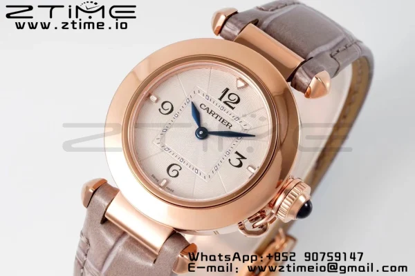 Cartier  Pasha 30mm RG AF 1:1 Best Edition White Textured Dial on Gray Leather Strap Jaq Quartz - Super Clone Watch | 1:1 Best Version
