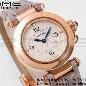 Cartier  Pasha 30mm RG AF 1:1 Best Edition White Textured Dial on Gray Leather Strap Jaq Quartz - Super Clone Watch | 1:1 Best Version