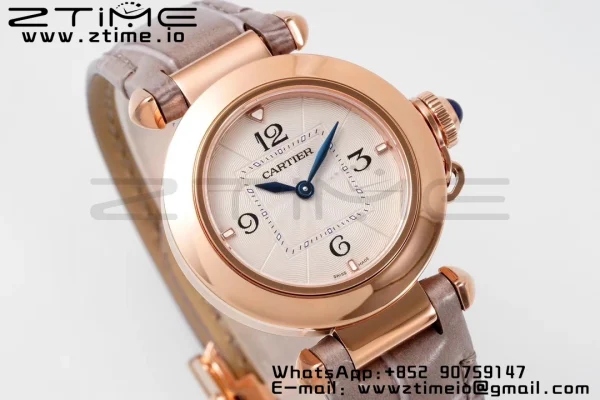 Cartier  Pasha 30mm RG AF 1:1 Best Edition White Textured Dial on Gray Leather Strap Jaq Quartz - Super Clone Watch | 1:1 Best Version