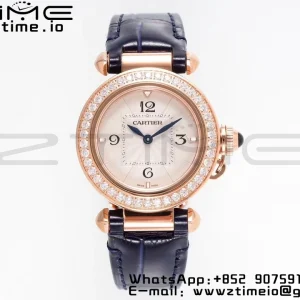 Cartier Pasha 30mm RG AF 1:1 Best Edition White Textured Dial Diamonds Bezel on Deep Blue Leather Strap Jaq Quartz - Super Clone Watch | 1:1 Best Version