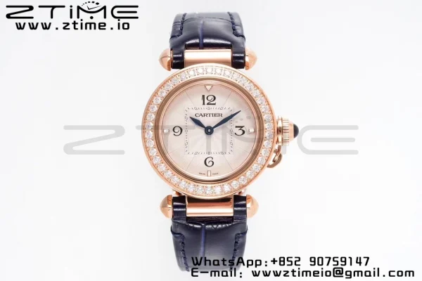 Cartier Pasha 30mm RG AF 1:1 Best Edition White Textured Dial Diamonds Bezel on Deep Blue Leather Strap Jaq Quartz - Super Clone Watch | 1:1 Best Version