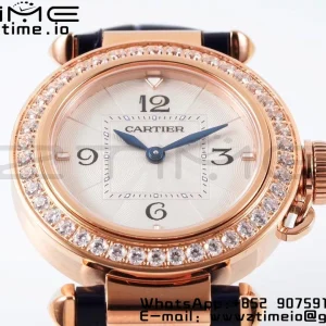 Cartier Pasha 30mm RG AF 1:1 Best Edition White Textured Dial Diamonds Bezel on Deep Blue Leather Strap Jaq Quartz - Super Clone Watch | 1:1 Best Version