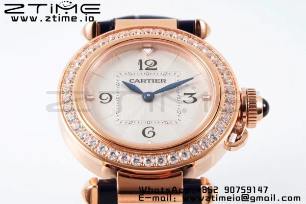Cartier Pasha 30mm RG AF 1:1 Best Edition White Textured Dial Diamonds Bezel on Deep Blue Leather Strap Jaq Quartz - Super Clone Watch | 1:1 Best Version