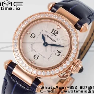 Cartier Pasha 30mm RG AF 1:1 Best Edition White Textured Dial Diamonds Bezel on Deep Blue Leather Strap Jaq Quartz - Super Clone Watch | 1:1 Best Version