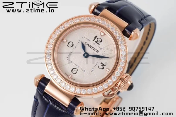 Cartier Pasha 30mm RG AF 1:1 Best Edition White Textured Dial Diamonds Bezel on Deep Blue Leather Strap Jaq Quartz - Super Clone Watch | 1:1 Best Version