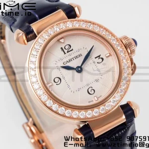 Cartier Pasha 30mm RG AF 1:1 Best Edition White Textured Dial Diamonds Bezel on Deep Blue Leather Strap Jaq Quartz - Super Clone Watch | 1:1 Best Version