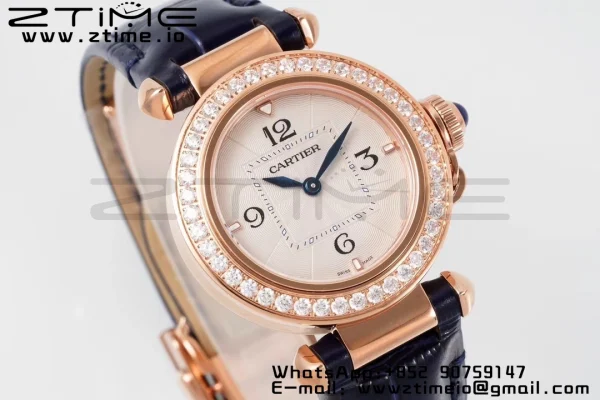 Cartier Pasha 30mm RG AF 1:1 Best Edition White Textured Dial Diamonds Bezel on Deep Blue Leather Strap Jaq Quartz - Super Clone Watch | 1:1 Best Version