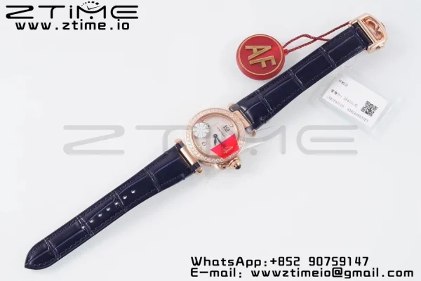 Cartier Pasha 30mm RG AF 1:1 Best Edition White Textured Dial Diamonds Bezel on Deep Blue Leather Strap Jaq Quartz - Super Clone Watch | 1:1 Best Version