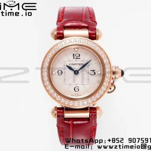 Cartier Pasha 30mm RG AF 1:1 Best Edition White Textured Dial Diamonds Bezel on Red Leather Strap Jaq Quartz - Super Clone Watch | 1:1 Best Version