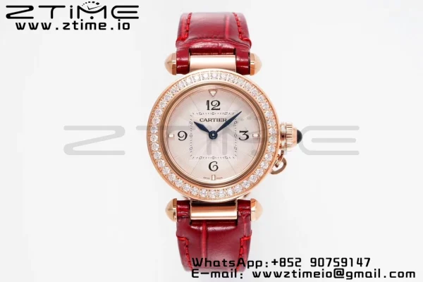 Cartier Pasha 30mm RG AF 1:1 Best Edition White Textured Dial Diamonds Bezel on Red Leather Strap Jaq Quartz - Super Clone Watch | 1:1 Best Version