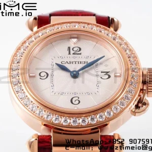 Cartier Pasha 30mm RG AF 1:1 Best Edition White Textured Dial Diamonds Bezel on Red Leather Strap Jaq Quartz - Super Clone Watch | 1:1 Best Version