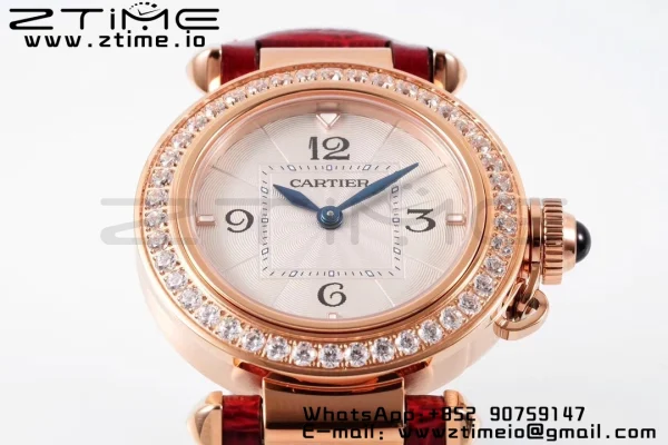 Cartier Pasha 30mm RG AF 1:1 Best Edition White Textured Dial Diamonds Bezel on Red Leather Strap Jaq Quartz - Super Clone Watch | 1:1 Best Version