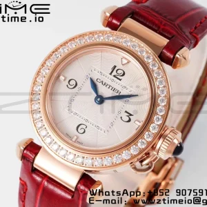 Cartier Pasha 30mm RG AF 1:1 Best Edition White Textured Dial Diamonds Bezel on Red Leather Strap Jaq Quartz - Super Clone Watch | 1:1 Best Version