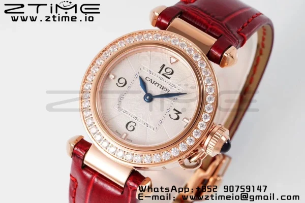 Cartier Pasha 30mm RG AF 1:1 Best Edition White Textured Dial Diamonds Bezel on Red Leather Strap Jaq Quartz - Super Clone Watch | 1:1 Best Version