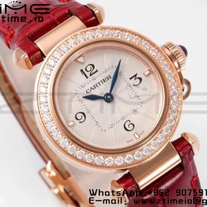Cartier Pasha 30mm RG AF 1:1 Best Edition White Textured Dial Diamonds Bezel on Red Leather Strap Jaq Quartz - Super Clone Watch | 1:1 Best Version