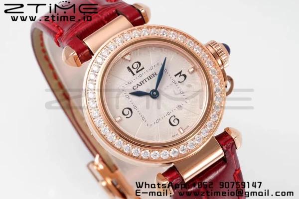 Cartier Pasha 30mm RG AF 1:1 Best Edition White Textured Dial Diamonds Bezel on Red Leather Strap Jaq Quartz - Super Clone Watch | 1:1 Best Version