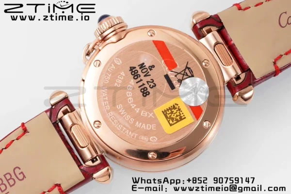 Cartier Pasha 30mm RG AF 1:1 Best Edition White Textured Dial Diamonds Bezel on Red Leather Strap Jaq Quartz - Super Clone Watch | 1:1 Best Version