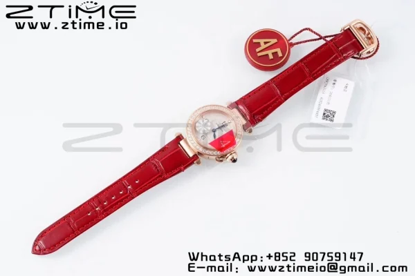 Cartier Pasha 30mm RG AF 1:1 Best Edition White Textured Dial Diamonds Bezel on Red Leather Strap Jaq Quartz - Super Clone Watch | 1:1 Best Version