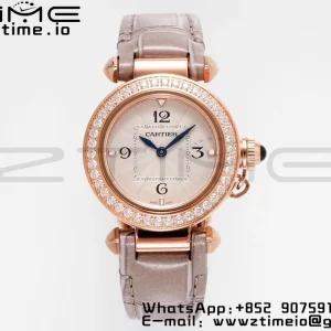 Cartier Pasha 30mm RG AF 1:1 Best Edition White Textured Dial Diamonds Bezel on Gray Leather Strap Jaq Quartz - Super Clone Watch | 1:1 Best Version