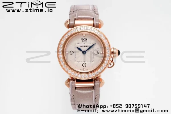 Cartier Pasha 30mm RG AF 1:1 Best Edition White Textured Dial Diamonds Bezel on Gray Leather Strap Jaq Quartz - Super Clone Watch | 1:1 Best Version