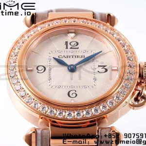 Cartier Pasha 30mm RG AF 1:1 Best Edition White Textured Dial Diamonds Bezel on Gray Leather Strap Jaq Quartz - Super Clone Watch | 1:1 Best Version