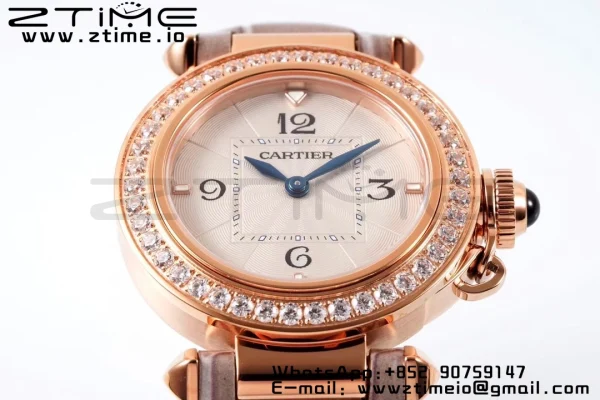 Cartier Pasha 30mm RG AF 1:1 Best Edition White Textured Dial Diamonds Bezel on Gray Leather Strap Jaq Quartz - Super Clone Watch | 1:1 Best Version