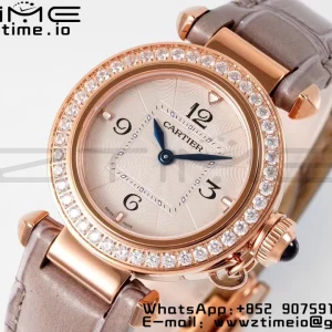Cartier Pasha 30mm RG AF 1:1 Best Edition White Textured Dial Diamonds Bezel on Gray Leather Strap Jaq Quartz - Super Clone Watch | 1:1 Best Version