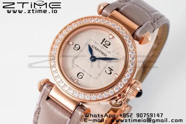 Cartier Pasha 30mm RG AF 1:1 Best Edition White Textured Dial Diamonds Bezel on Gray Leather Strap Jaq Quartz - Super Clone Watch | 1:1 Best Version