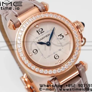 Cartier Pasha 30mm RG AF 1:1 Best Edition White Textured Dial Diamonds Bezel on Gray Leather Strap Jaq Quartz - Super Clone Watch | 1:1 Best Version